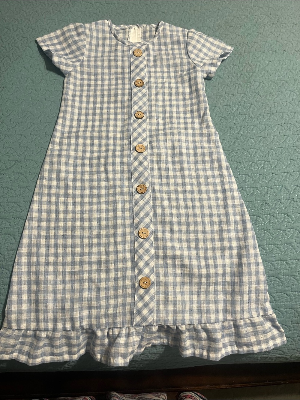 Girls' Light Blue Gingham Button-Front Dress with Ruffle Hem size 6 girls